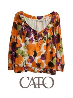 Beautiful Cato Orange Floral Tie-Neck Peasant Top